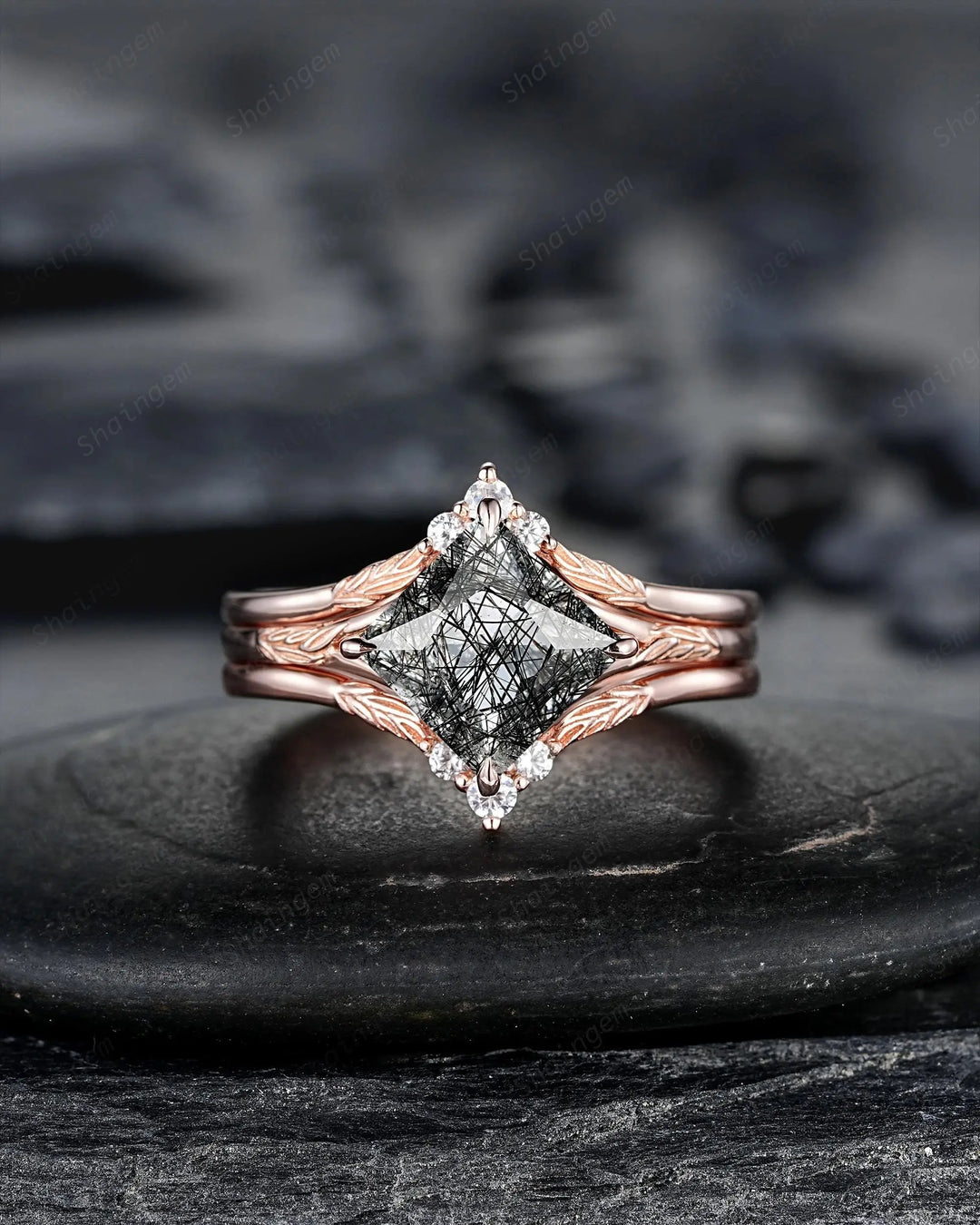 Unique 3PCS Princess Cut Black Rutilated Solitaire Engagement Ring: Nature Inspired Vine Wedding Set Rose Gold Promise Ring, Engraved Leaf - ShainJewelry