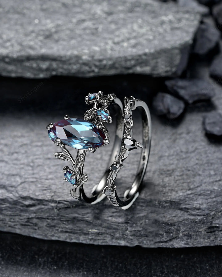 Gothic Marquise Alexandrite Engagement Ring Set, Black Gold Promise Ring, Rhodium Black Witchy Twig Branch Leaf Bridal Set, June Birthstone - ShainJewelry