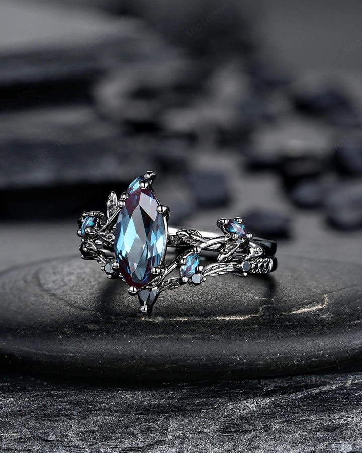 Gothic Marquise Alexandrite Engagement Ring Set, Black Gold Promise Ring, Rhodium Black Witchy Twig Branch Leaf Bridal Set, June Birthstone - ShainJewelry