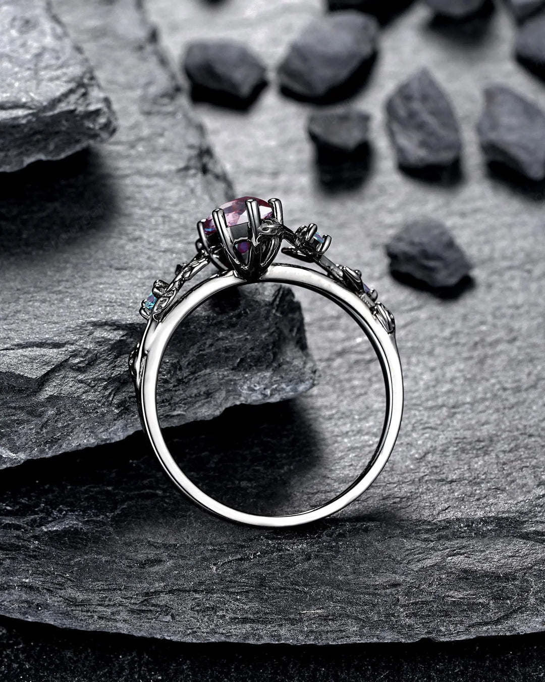 Gothic Marquise Alexandrite Engagement Ring Set, Black Gold Promise Ring, Rhodium Black Witchy Twig Branch Leaf Bridal Set, June Birthstone - ShainJewelry