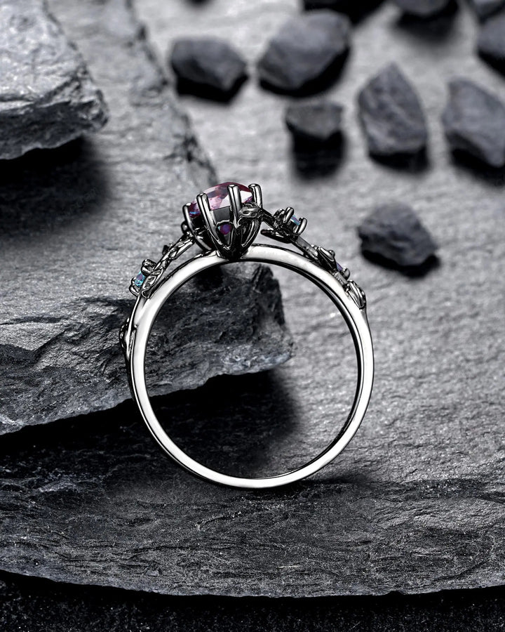 Gothic Marquise Alexandrite Engagement Ring Set, Black Gold Promise Ring, Rhodium Black Witchy Twig Branch Leaf Bridal Set, June Birthstone - ShainJewelry