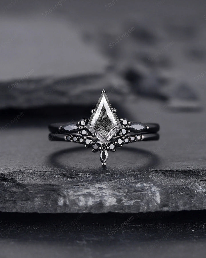 Gothic Kite Cut Black Rutilated Quartz Engagement Ring Set, Witchy Black Rhodium Promise Ring, Black Wedding Ring Set, Goth Black Bridal Set - ShainJewelry