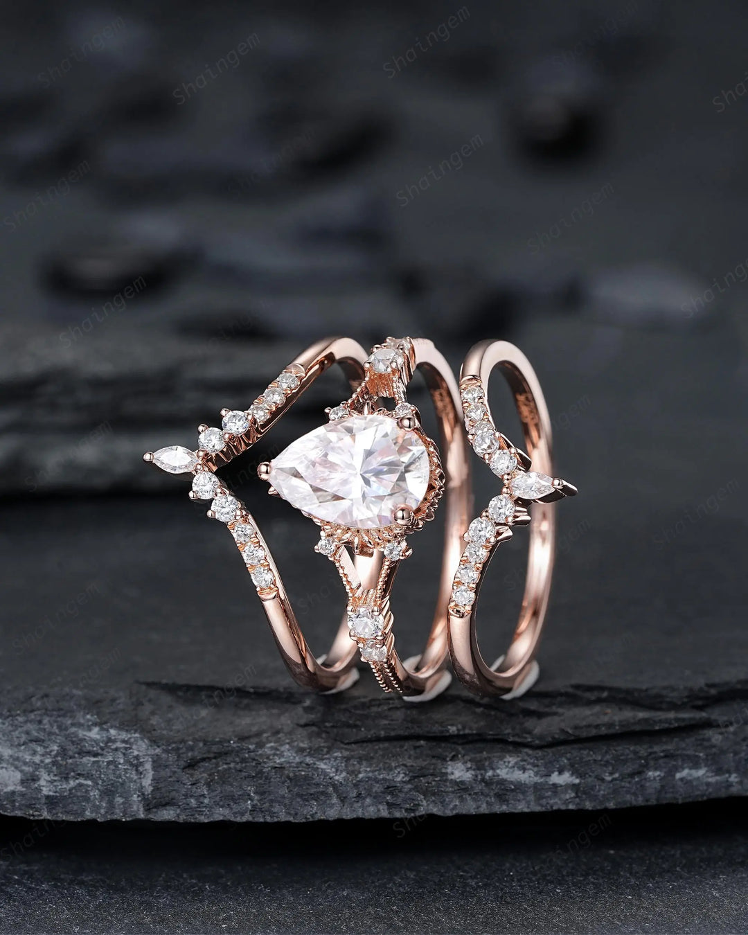 3PCS Pear Shape Moissanite Engagement Ring Set, Solid Rose Gold Bridal Set, Unique Split Shank Wedding Set Promise Ring, Platinum Rings - ShainJewelry