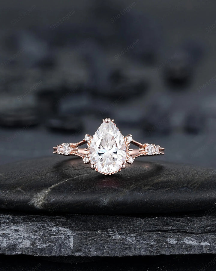 3PCS Pear Shape Moissanite Engagement Ring Set, Solid Rose Gold Bridal Set, Unique Split Shank Wedding Set Promise Ring, Platinum Rings - ShainJewelry