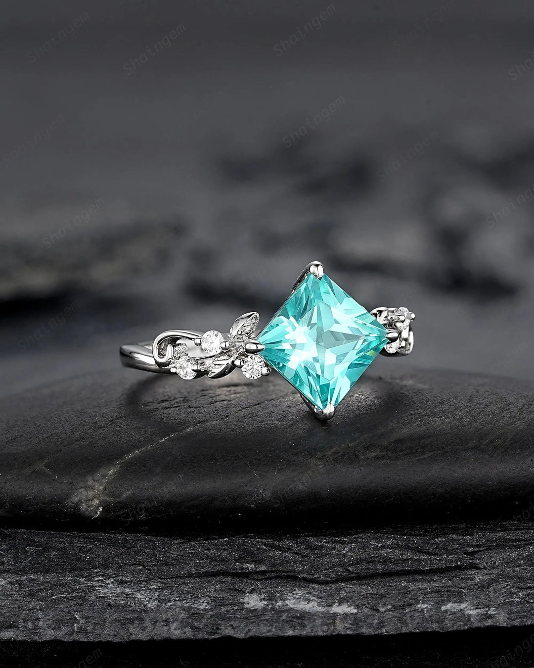 Platinum Princess Cut Neon Blue Tourmaline Leaf Engagement Ring, White Gold Wedding Promise Ring, Sterling Silver 925 Bridal Ring, Platinum - ShainJewelry