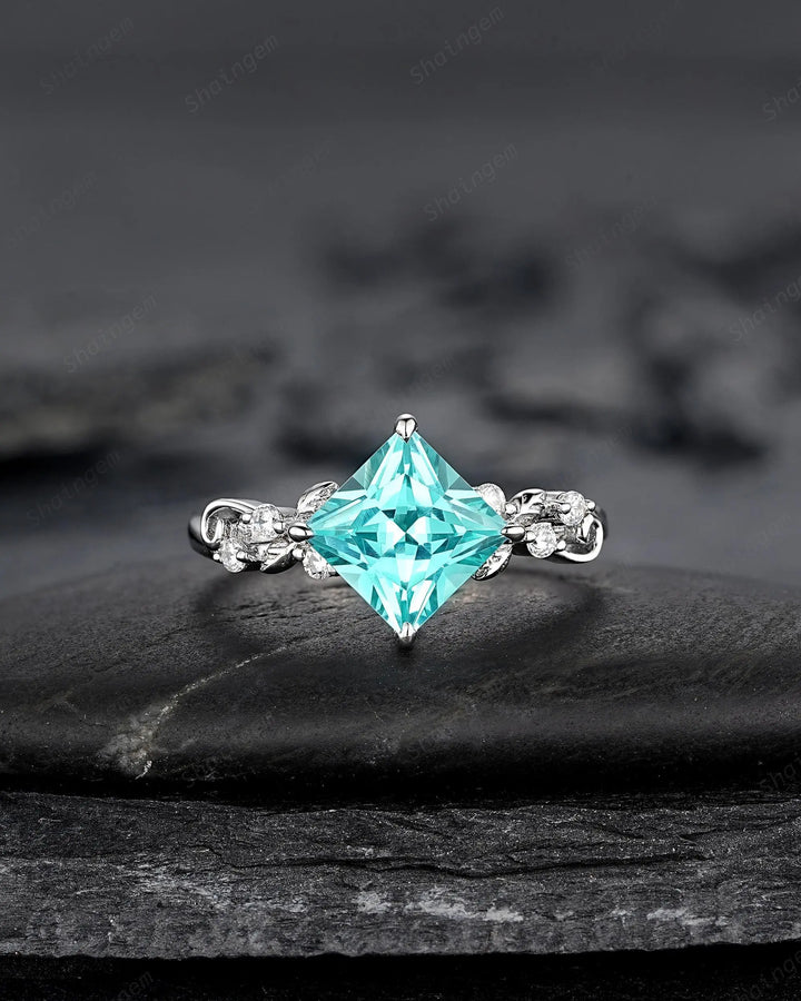 Platinum Princess Cut Neon Blue Tourmaline Leaf Engagement Ring, White Gold Wedding Promise Ring, Sterling Silver 925 Bridal Ring, Platinum - ShainJewelry