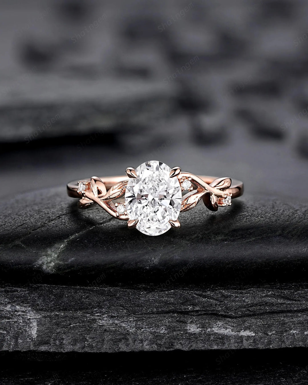 IGI Certified 1 Carat Oval Shape Lab Grown Diamond Engagement Ring: Solid Rose Gold Promise Ring, Platinum Wedding Ring, Twig Branch Leaf - ShainJewelry