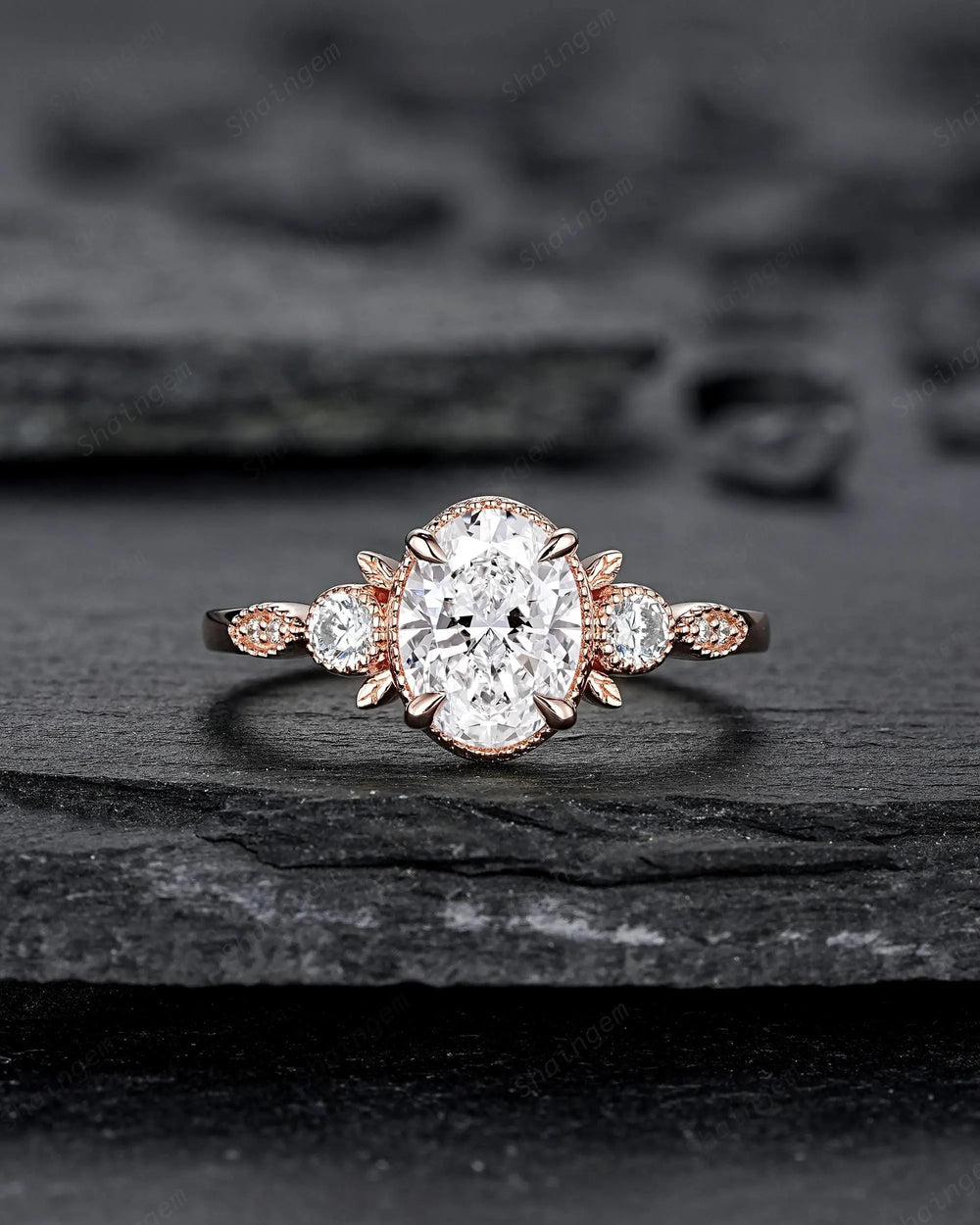 IGI Certified 1 Carat Oval Shape Lab Grown Diamond Engagement Ring: Solid Rose Gold Milgrain Promise Ring, Platinum Wedding Ring for Women - ShainJewelry