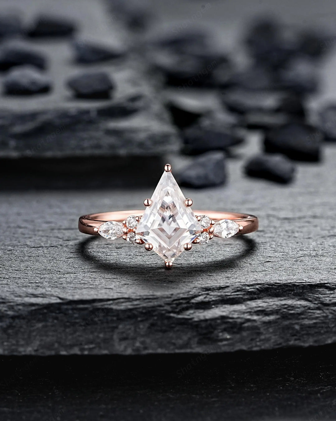 3PCS Kite Cut Moissanite Engagement Ring Set: V Shape Rose Gold Promise Ring, Curved Wedding Rings, 24K Gold Plated, Platinum Bridal Set - ShainJewelry