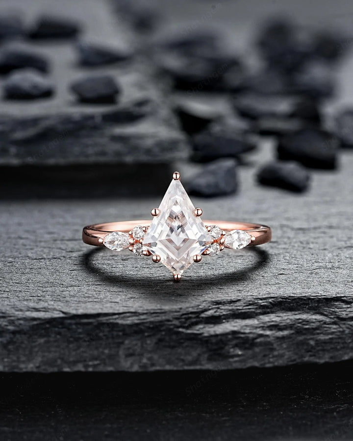 3PCS Kite Cut Moissanite Engagement Ring Set: V Shape Rose Gold Promise Ring, Curved Wedding Rings, 24K Gold Plated, Platinum Bridal Set - ShainJewelry