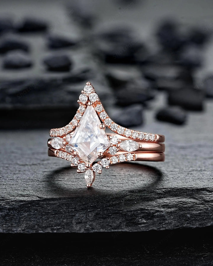 3PCS Kite Cut Moissanite Engagement Ring Set: V Shape Rose Gold Promise Ring, Curved Wedding Rings, 24K Gold Plated, Platinum Bridal Set - ShainJewelry