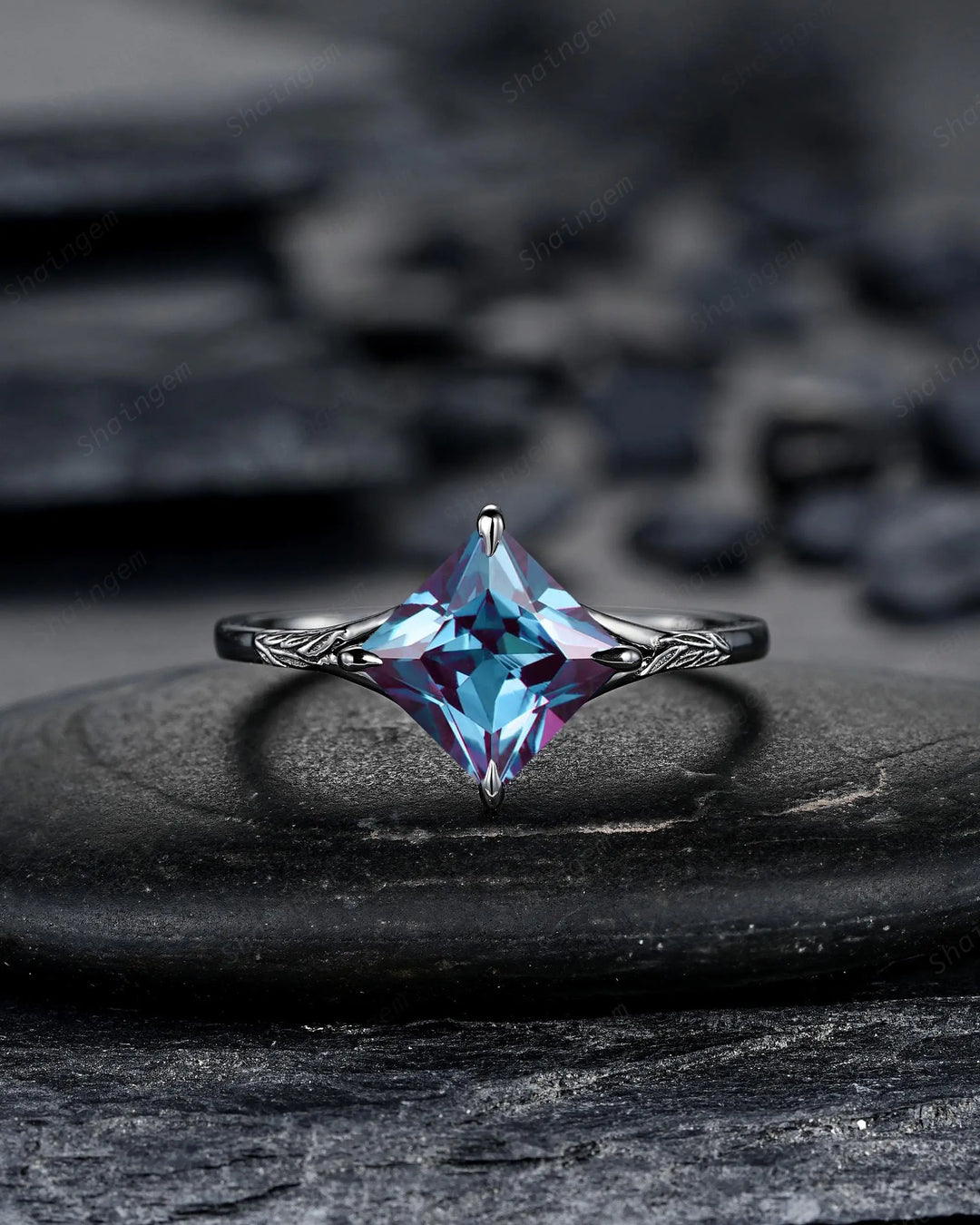 3PCS Gothic Princess Cut Alexandrite Engagement Ring Set, Punk Goth Black Rhodium Wedding Set Promise Ring, June Birthstone, Engraved Leaf - ShainJewelry