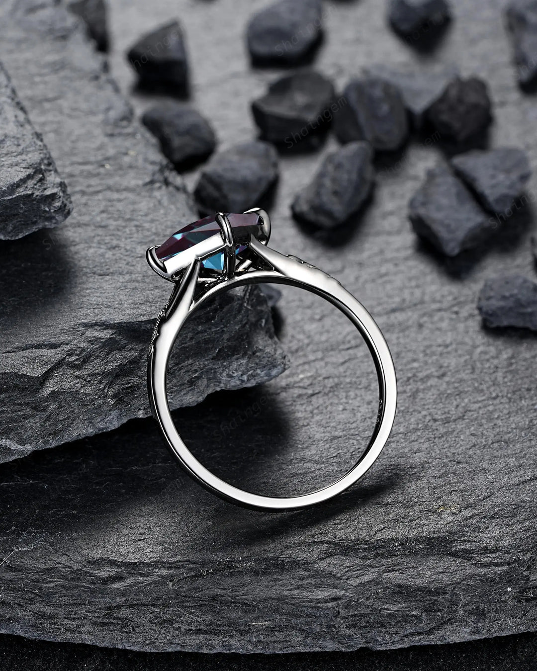 3PCS Gothic Princess Cut Alexandrite Engagement Ring Set, Punk Goth Black Rhodium Wedding Set Promise Ring, June Birthstone, Engraved Leaf - ShainJewelry