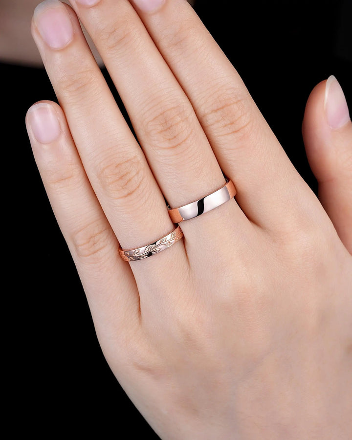 His and Hers Couple Ring Set: Full Eternity Engraved Leaf, Rose Gold Wedding Band, Engagement Band Promise Ring , Silver Men's Women's Band - ShainJewelry