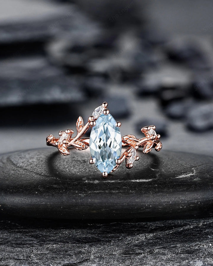 Marquise Cut Aquamarine Engagement Ring: Solid Rose Gold Twig Branch Wedding Set, Nature Inspired Leaf Vine Promise Ring, Platinum Rings - ShainJewelry