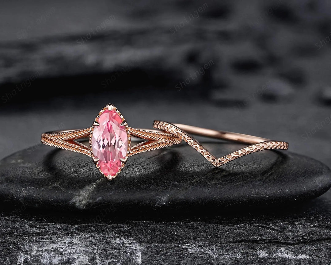Vintage Spilt Shank Marquise Pink Sapphire Engagement Ring, Unique Curved Wedding Promise Ring, V Shape Milgrain Rose Gold Anniversary Ring - ShainJewelry
