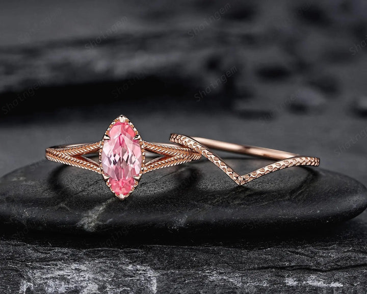 Vintage Spilt Shank Marquise Pink Sapphire Engagement Ring, Unique Curved Wedding Promise Ring, V Shape Milgrain Rose Gold Anniversary Ring - ShainJewelry
