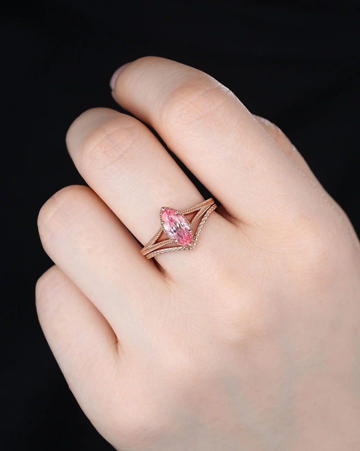 Vintage Spilt Shank Marquise Pink Sapphire Engagement Ring, Unique Curved Wedding Promise Ring, V Shape Milgrain Rose Gold Anniversary Ring - ShainJewelry