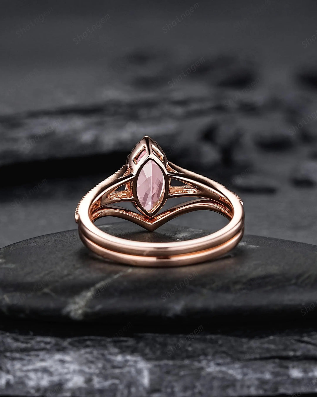 Vintage Spilt Shank Marquise Pink Sapphire Engagement Ring, Unique Curved Wedding Promise Ring, V Shape Milgrain Rose Gold Anniversary Ring - ShainJewelry