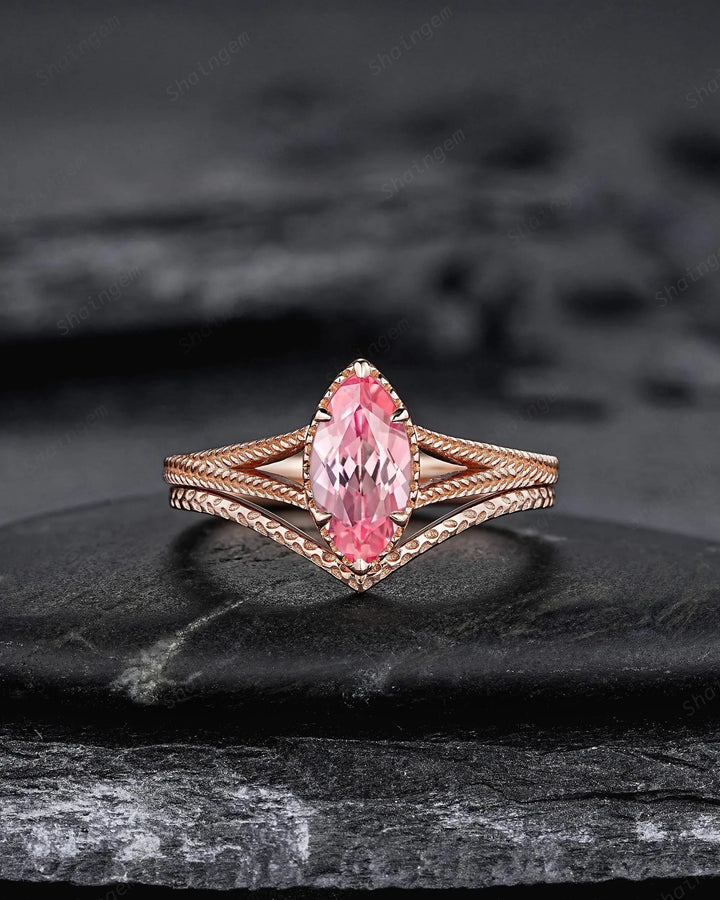 Vintage Spilt Shank Marquise Pink Sapphire Engagement Ring, Unique Curved Wedding Promise Ring, V Shape Milgrain Rose Gold Anniversary Ring - ShainJewelry