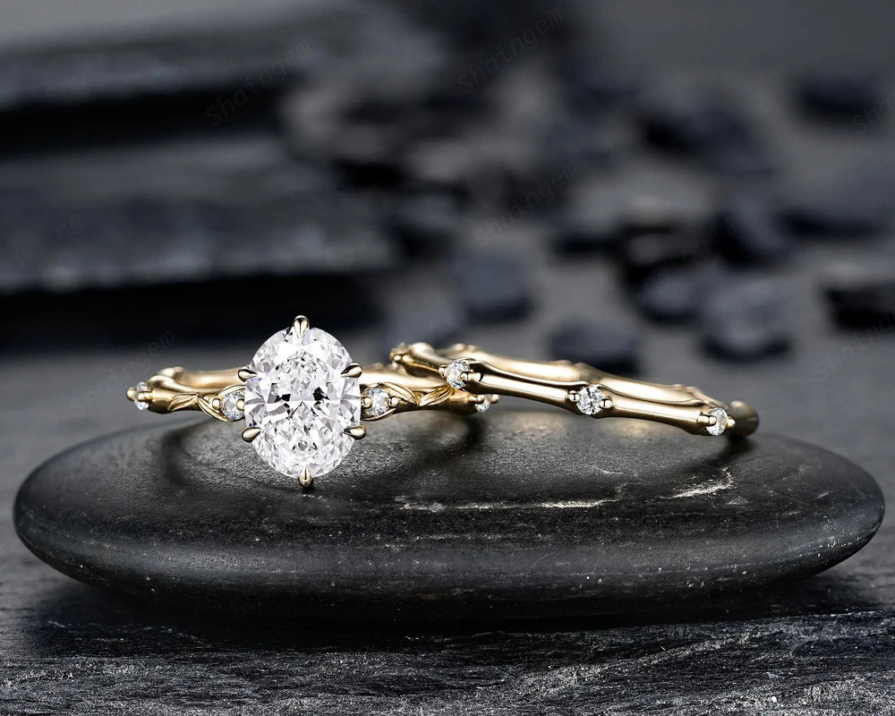 IGI Certificated 1 Carat Oval Shape Lab Grown Diamond Engagement Ring: Solid Yellow Gold Promise Wedding Ring, Platinum Bamboo Knot Rings - ShainJewelry