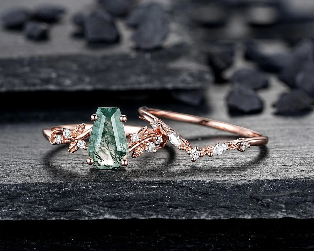 Coffin Shape Moss Agate Engagement Ring Set: Rose Gold Marry to Bury Wedding Promise Anniversary Ring, Till Death Silver, 24K Gold Plated - ShainJewelry