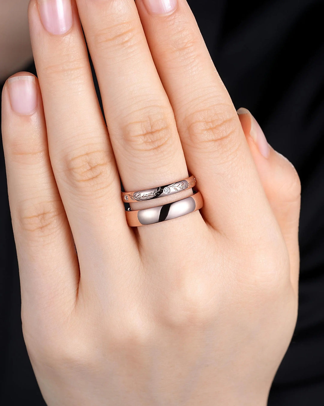 Rosemary Engraved His and Hers Couple Ring Set: Full Eternity, Rose Gold Wedding Band, Engagement Band Promise Ring , Men's Women's Band - ShainJewelry