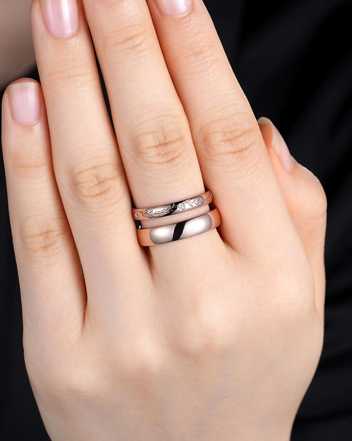 Rosemary Engraved His and Hers Couple Ring Set: Full Eternity, Rose Gold Wedding Band, Engagement Band Promise Ring , Men's Women's Band - ShainJewelry