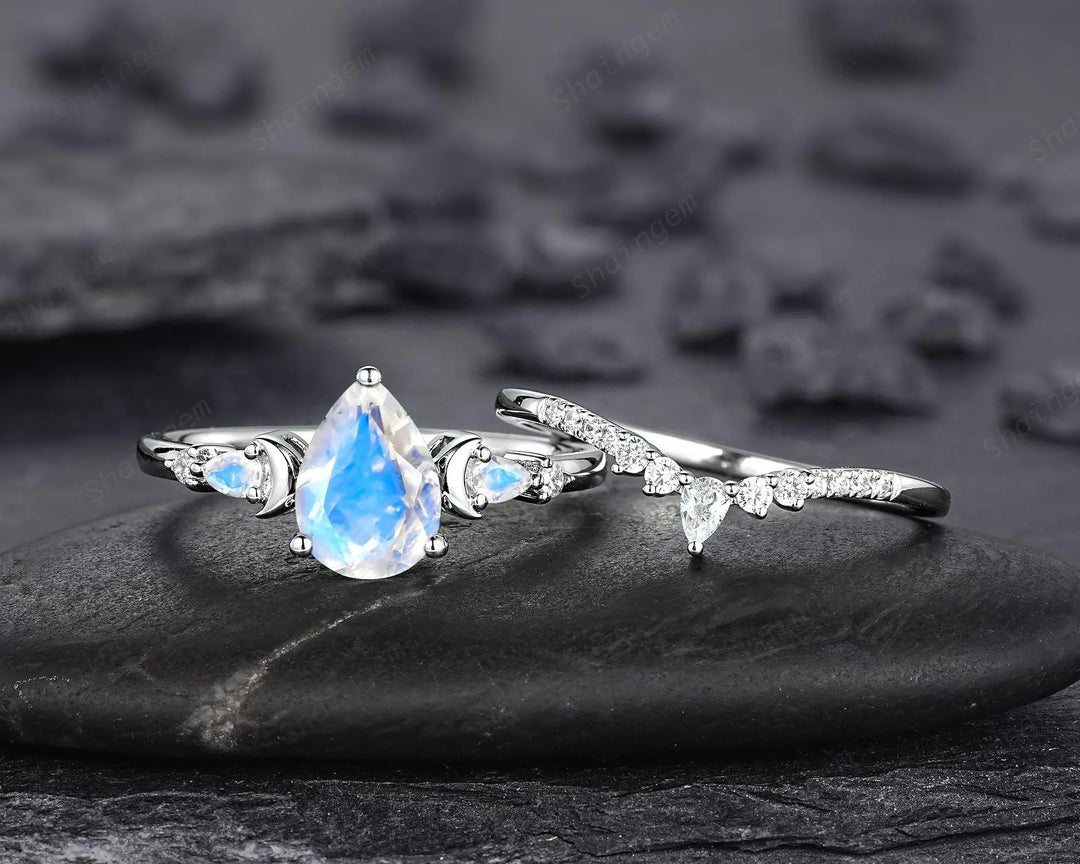 Pear Shape Blue Moonstone Crescent Engagement Ring: Unique Solid White Gold Moon Nature Inspired Promise Wedding Ring, Platinum Bridal Set - ShainJewelry