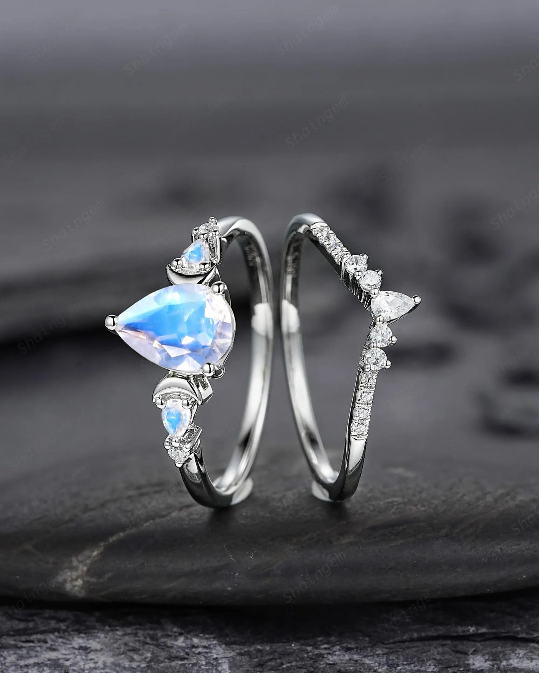 Pear Shape Blue Moonstone Crescent Engagement Ring: Unique Solid White Gold Moon Nature Inspired Promise Wedding Ring, Platinum Bridal Set - ShainJewelry