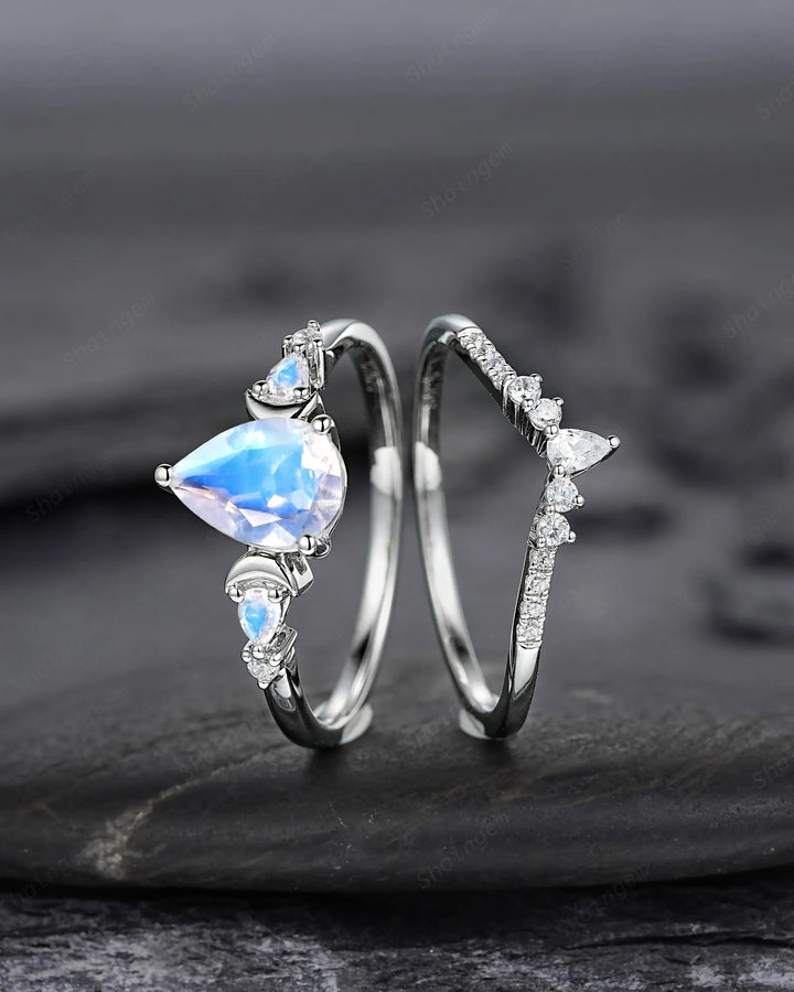 Pear Shape Blue Moonstone Crescent Engagement Ring: Unique Solid White Gold Moon Nature Inspired Promise Wedding Ring, Platinum Bridal Set - ShainJewelry