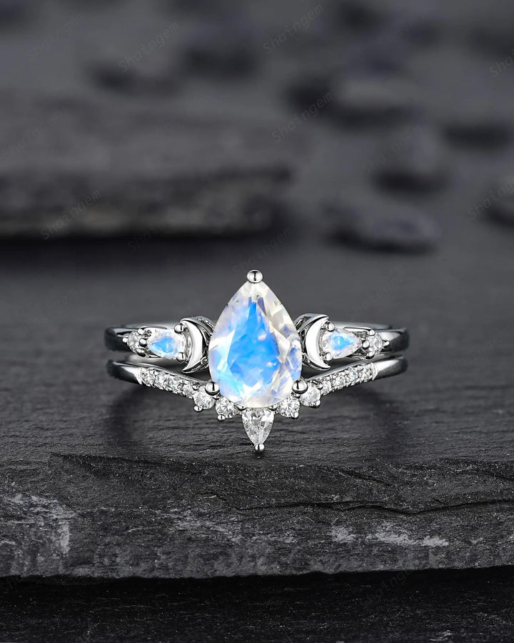Pear Shape Blue Moonstone Crescent Engagement Ring: Unique Solid White Gold Moon Nature Inspired Promise Wedding Ring, Platinum Bridal Set - ShainJewelry