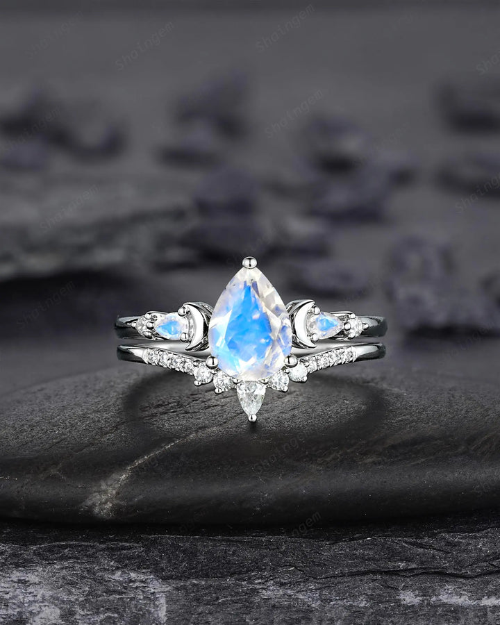 Pear Shape Blue Moonstone Crescent Engagement Ring: Unique Solid White Gold Moon Nature Inspired Promise Wedding Ring, Platinum Bridal Set - ShainJewelry