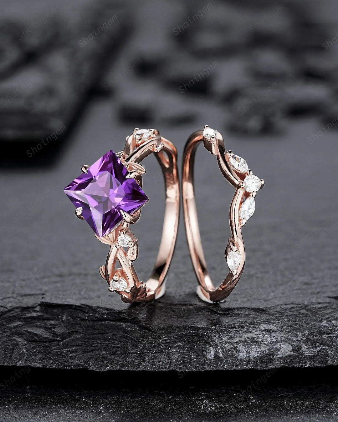 Princess Cut Purple Sapphire Engagement Ring Set: Rose Gold Promise Ring, Twig Branch Leaf Vine, 24K Gold Plated Silver, Platinum - ShainJewelry