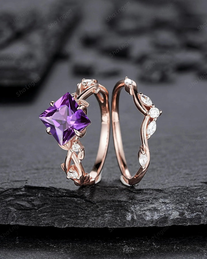 Princess Cut Purple Sapphire Engagement Ring Set: Rose Gold Promise Ring, Twig Branch Leaf Vine, 24K Gold Plated Silver, Platinum - ShainJewelry