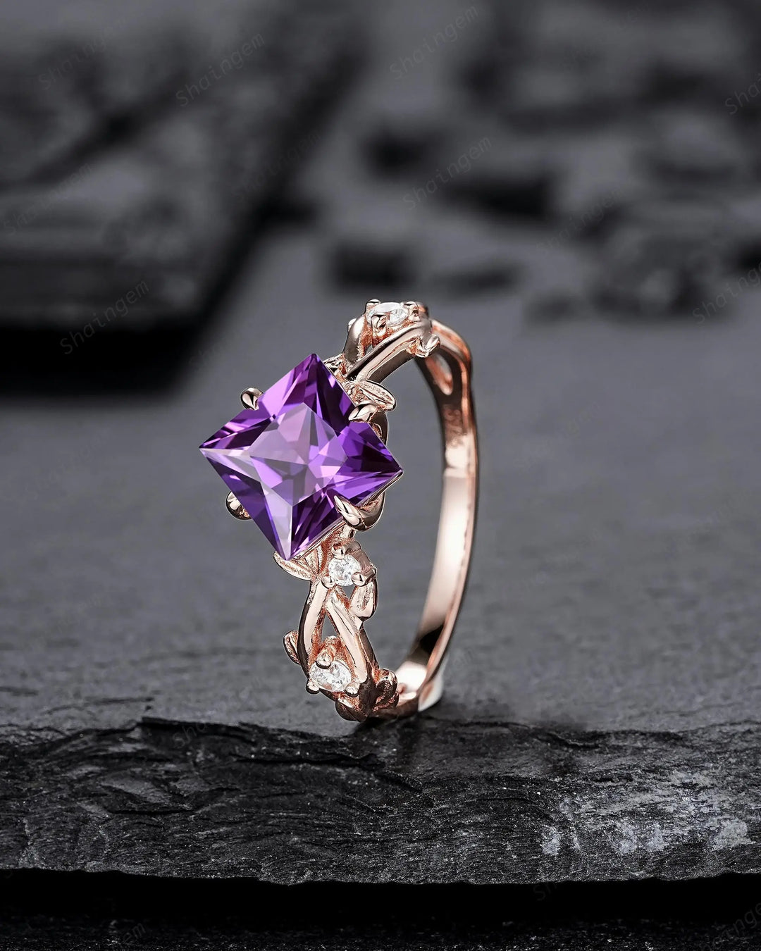 Princess Cut Purple Sapphire Engagement Ring Set: Rose Gold Promise Ring, Twig Branch Leaf Vine, 24K Gold Plated Silver, Platinum - ShainJewelry