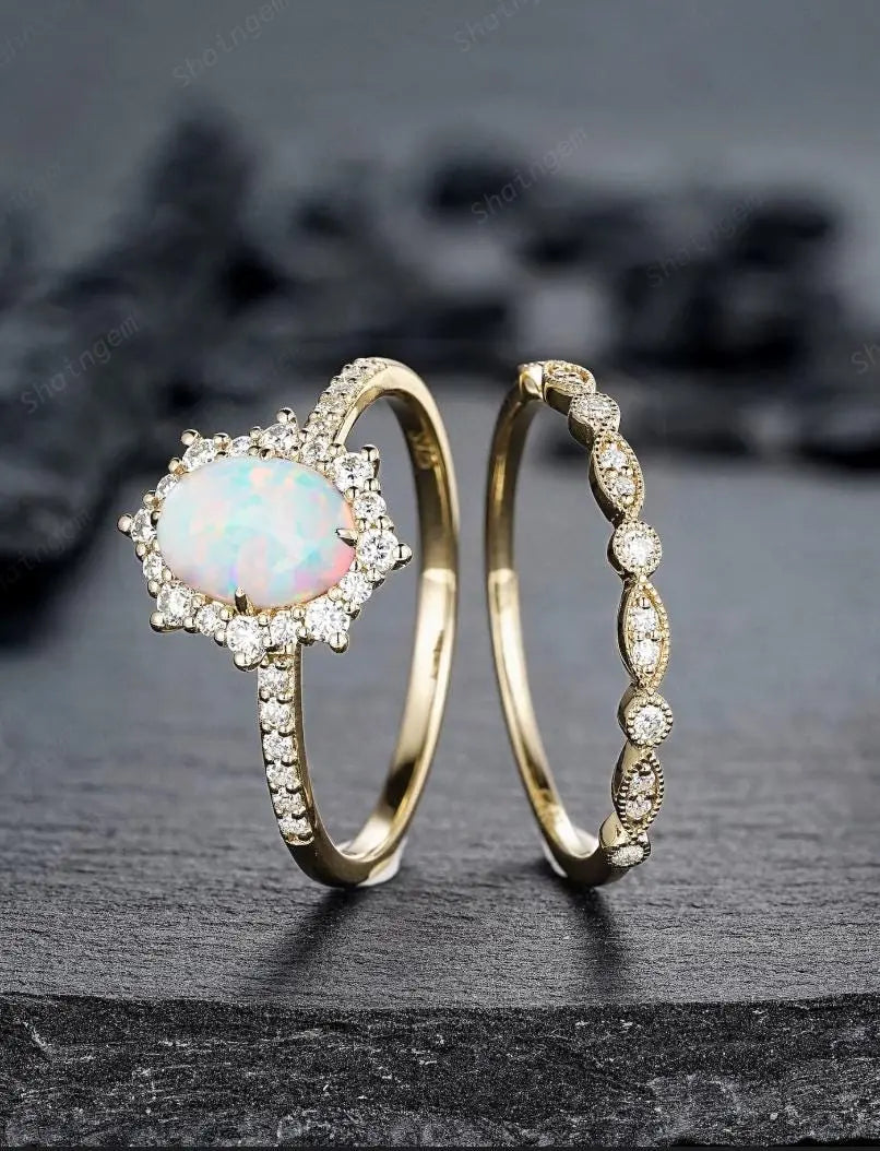 Oval Shape White Fire Opal Engagement Ring Set: Unique White Gold Halo Promise Wedding Anniversary Ring, 24K Gold Plated, Platinum, Silver - ShainJewelry