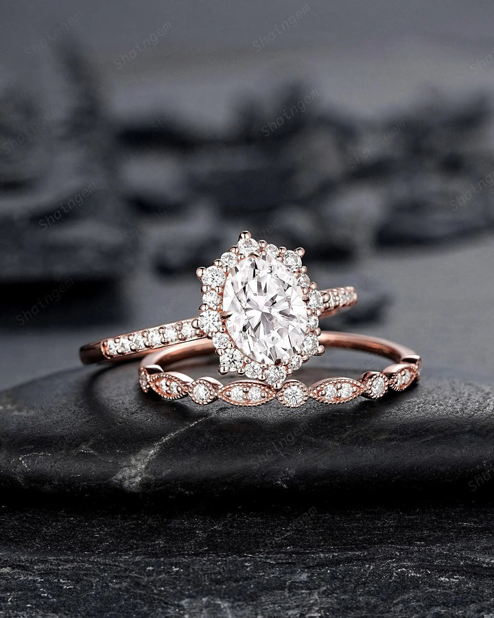 Vintage Oval Shape Moissanite Halo Engagement Ring : Unique Solid Rose Gold Wedding Set, 24K Gold Plated Silver Promise Ring, Platinum Ring - ShainJewelry