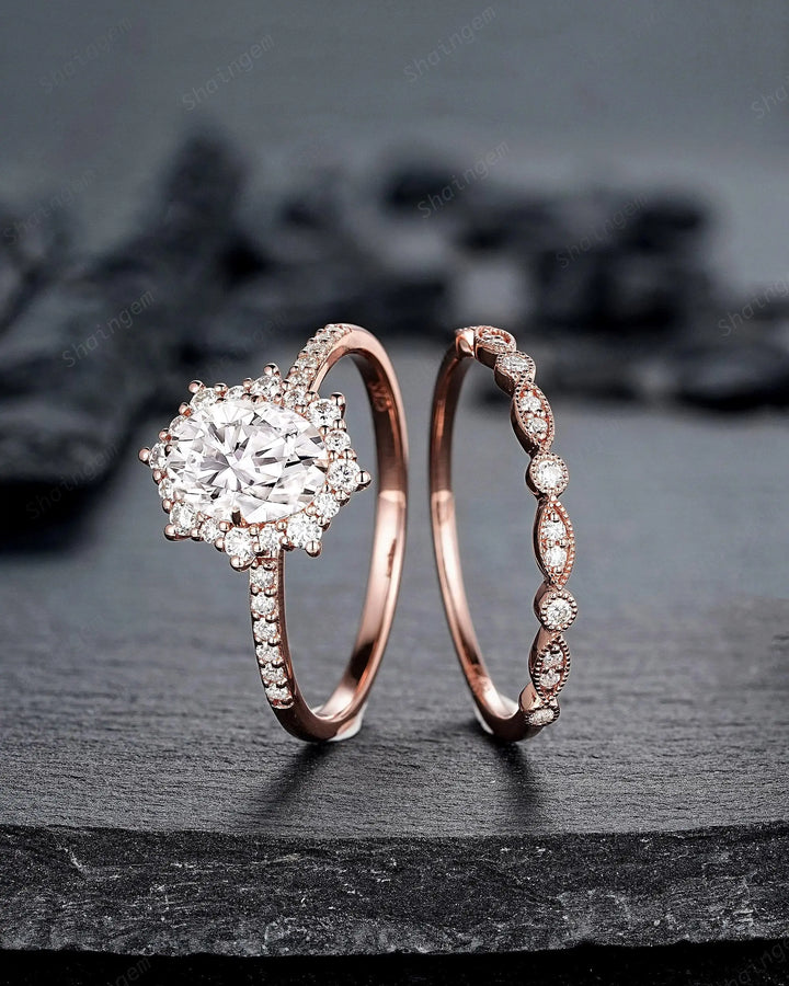 Vintage Oval Shape Moissanite Halo Engagement Ring : Unique Solid Rose Gold Wedding Set, 24K Gold Plated Silver Promise Ring, Platinum Ring - ShainJewelry