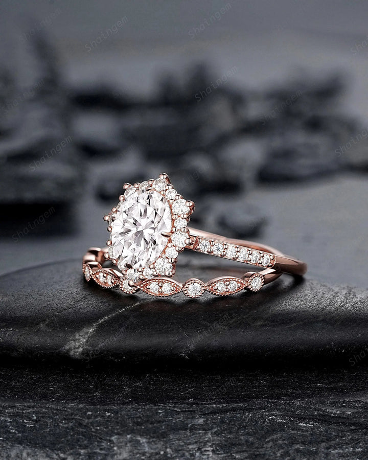 Vintage Oval Shape Moissanite Halo Engagement Ring : Unique Solid Rose Gold Wedding Set, 24K Gold Plated Silver Promise Ring, Platinum Ring - ShainJewelry