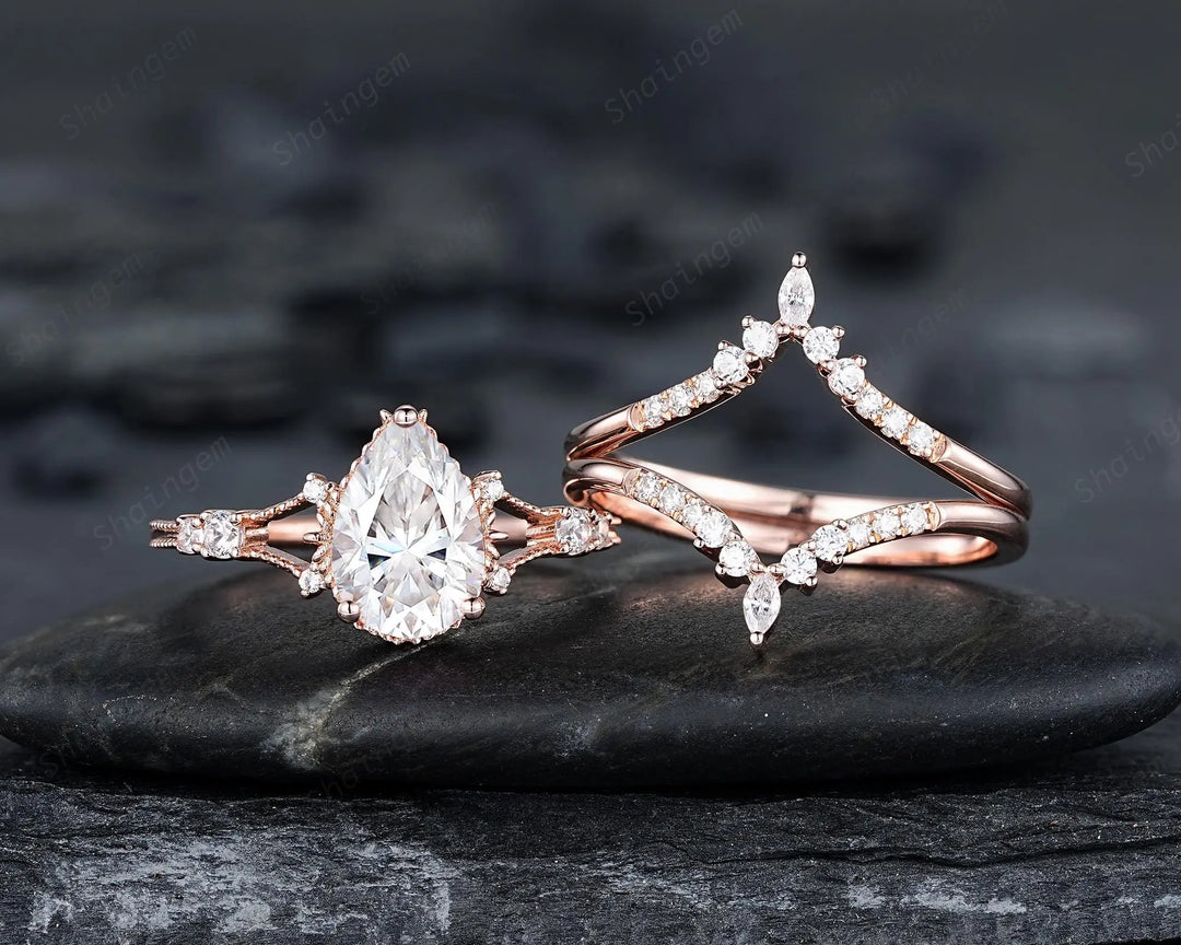 3PCS Pear Shape Moissanite Engagement Ring Set, Solid Rose Gold Bridal Set, Unique Split Shank Wedding Set Promise Ring, Platinum Rings - ShainJewelry