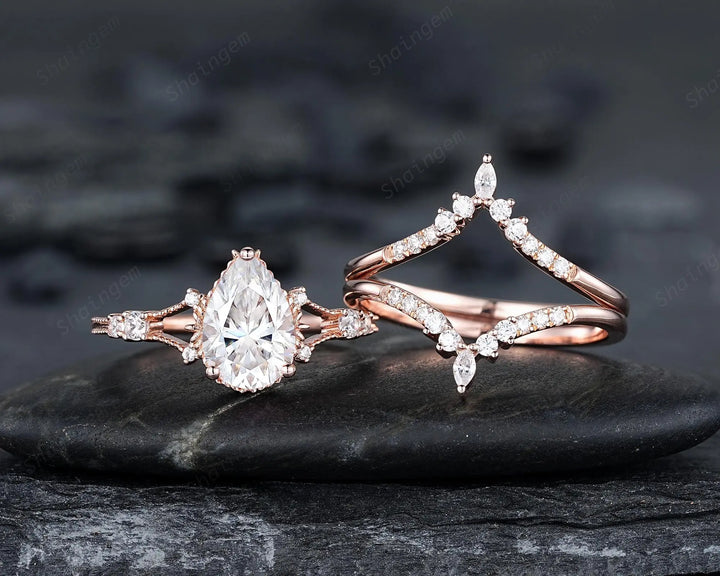 3PCS Pear Shape Moissanite Engagement Ring Set, Solid Rose Gold Bridal Set, Unique Split Shank Wedding Set Promise Ring, Platinum Rings - ShainJewelry