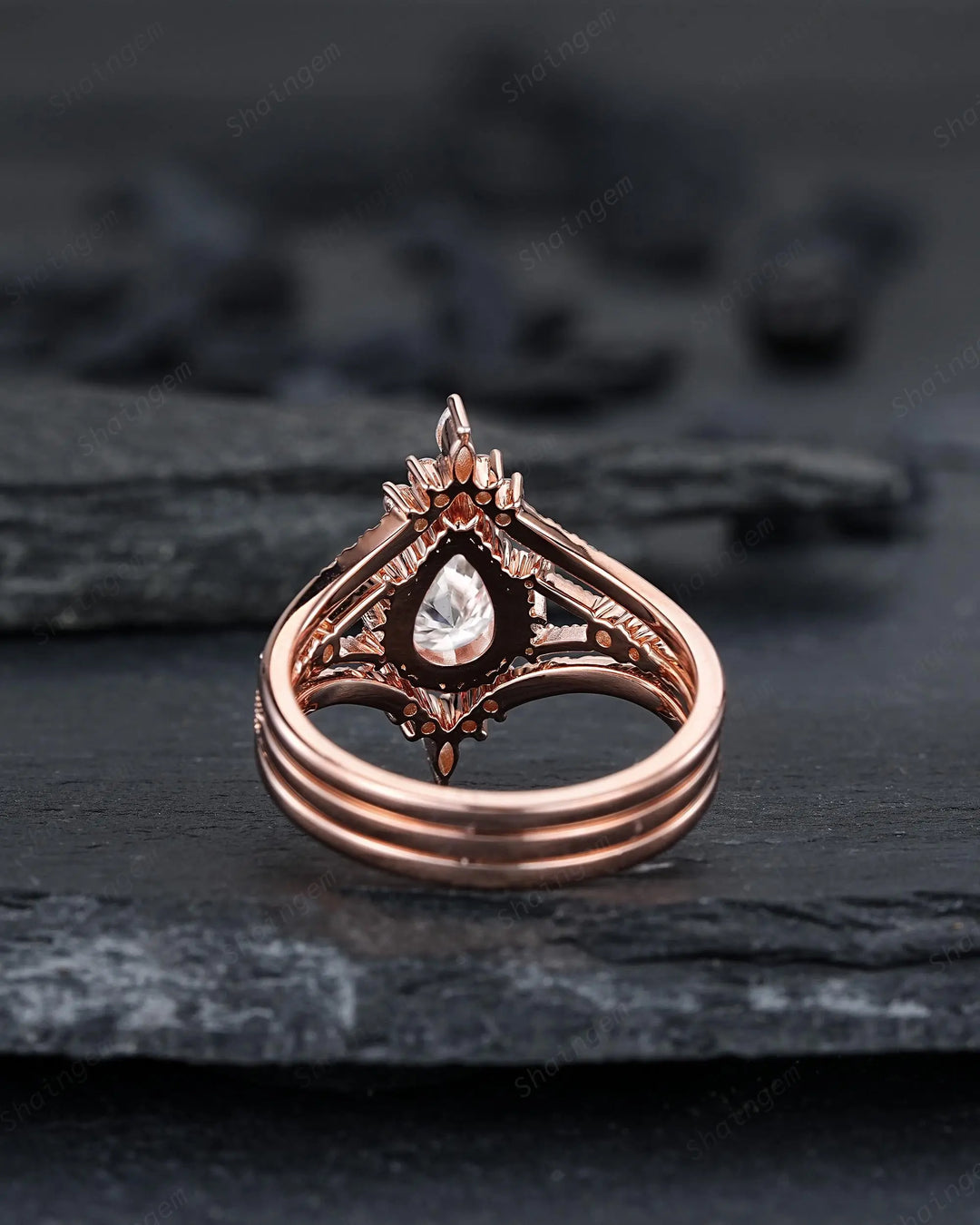 3PCS Pear Shape Moissanite Engagement Ring Set, Solid Rose Gold Bridal Set, Unique Split Shank Wedding Set Promise Ring, Platinum Rings - ShainJewelry