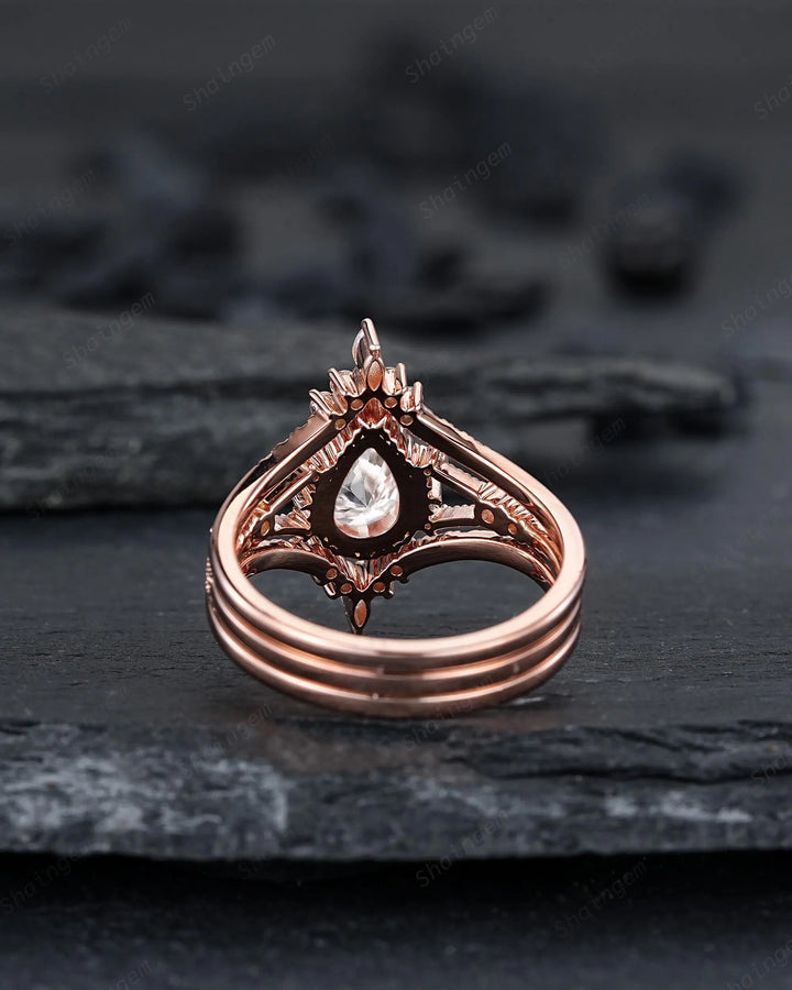 3PCS Pear Shape Moissanite Engagement Ring Set, Solid Rose Gold Bridal Set, Unique Split Shank Wedding Set Promise Ring, Platinum Rings - ShainJewelry