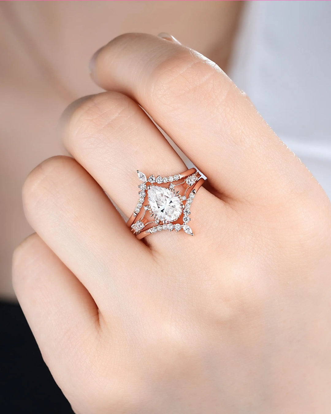 3PCS Pear Shape Moissanite Engagement Ring Set, Solid Rose Gold Bridal Set, Unique Split Shank Wedding Set Promise Ring, Platinum Rings - ShainJewelry