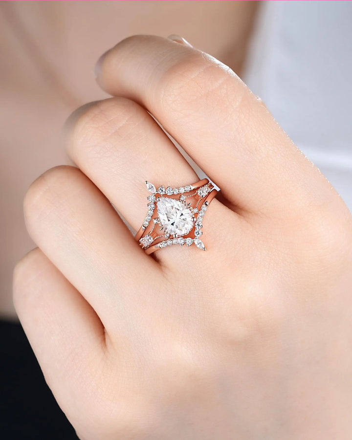 3PCS Pear Shape Moissanite Engagement Ring Set, Solid Rose Gold Bridal Set, Unique Split Shank Wedding Set Promise Ring, Platinum Rings - ShainJewelry