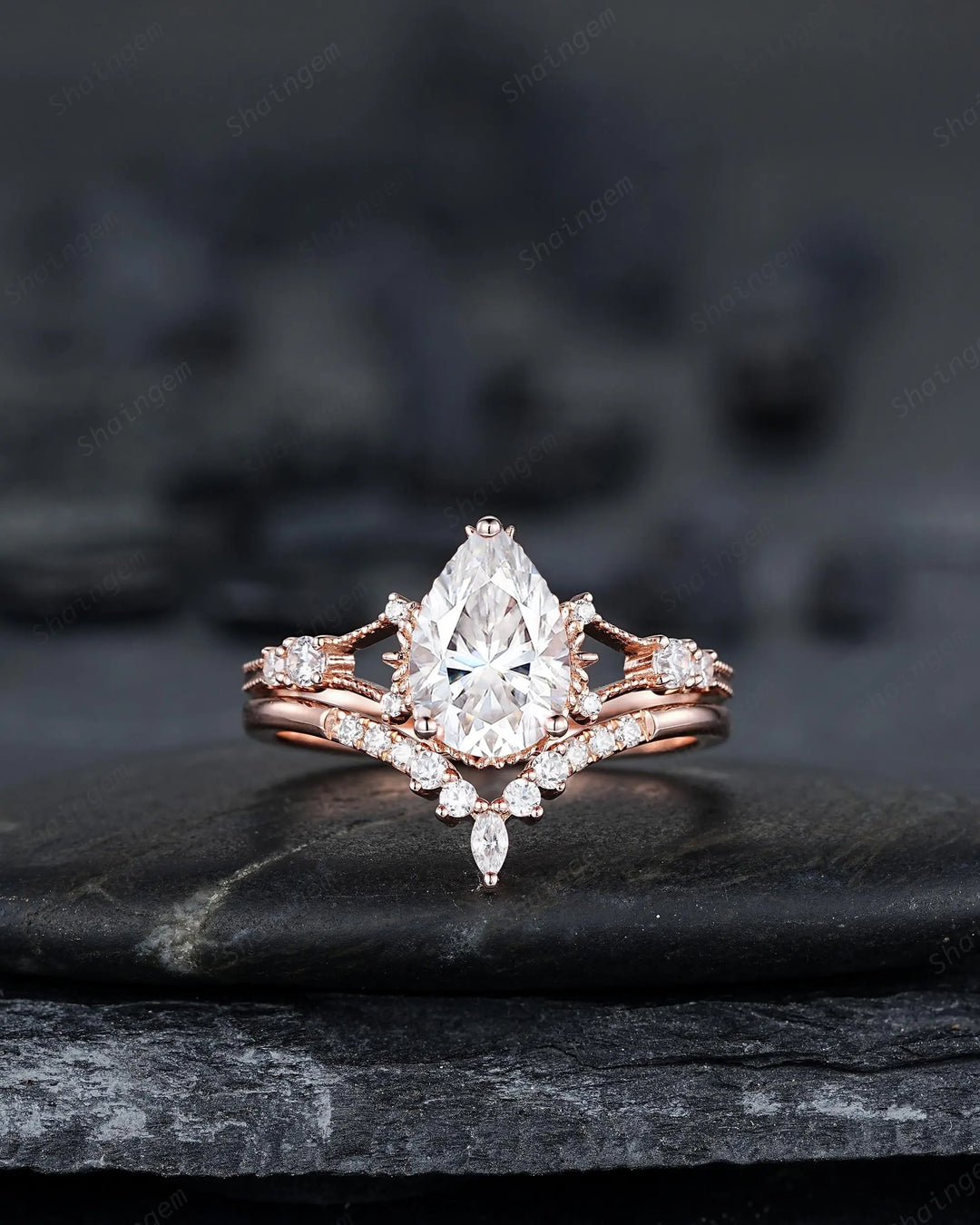 3PCS Pear Shape Moissanite Engagement Ring Set, Solid Rose Gold Bridal Set, Unique Split Shank Wedding Set Promise Ring, Platinum Rings - ShainJewelry