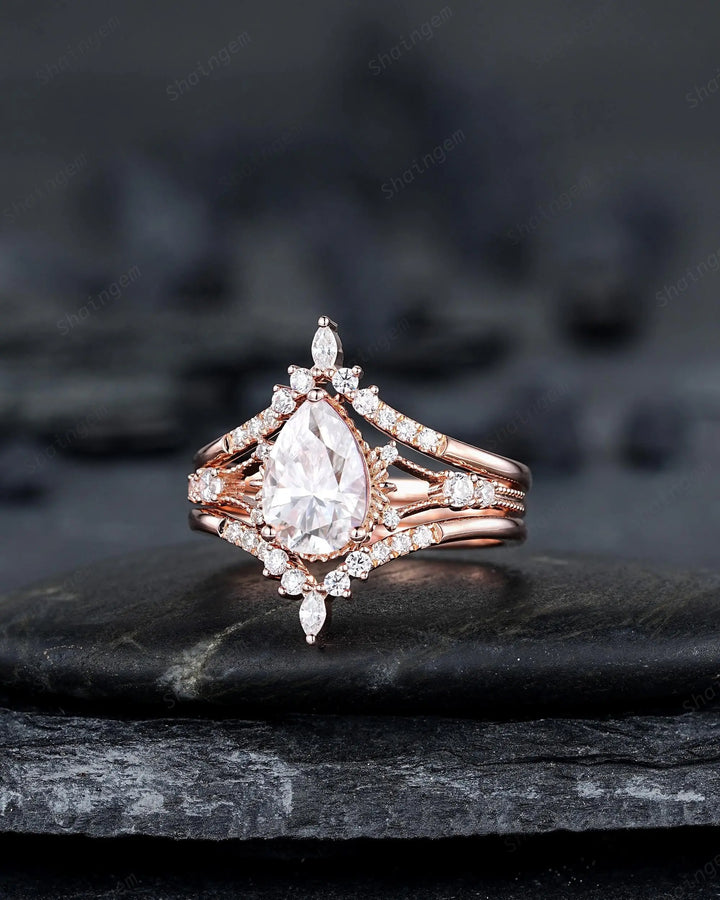 3PCS Pear Shape Moissanite Engagement Ring Set, Solid Rose Gold Bridal Set, Unique Split Shank Wedding Set Promise Ring, Platinum Rings - ShainJewelry