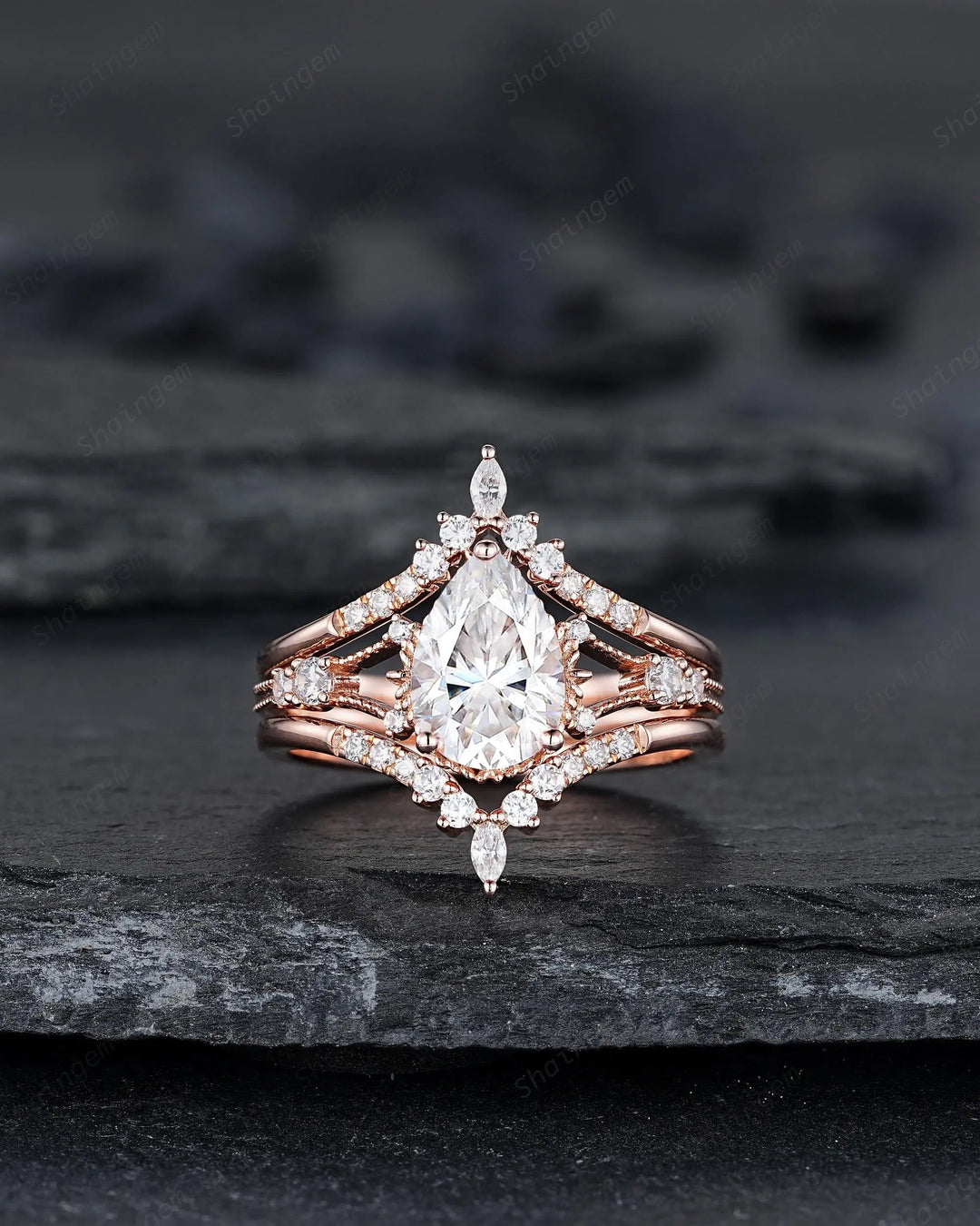 3PCS Pear Shape Moissanite Engagement Ring Set, Solid Rose Gold Bridal Set, Unique Split Shank Wedding Set Promise Ring, Platinum Rings - ShainJewelry