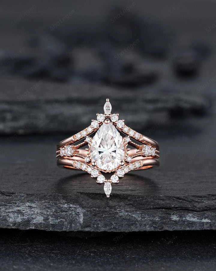 3PCS Pear Shape Moissanite Engagement Ring Set, Solid Rose Gold Bridal Set, Unique Split Shank Wedding Set Promise Ring, Platinum Rings - ShainJewelry
